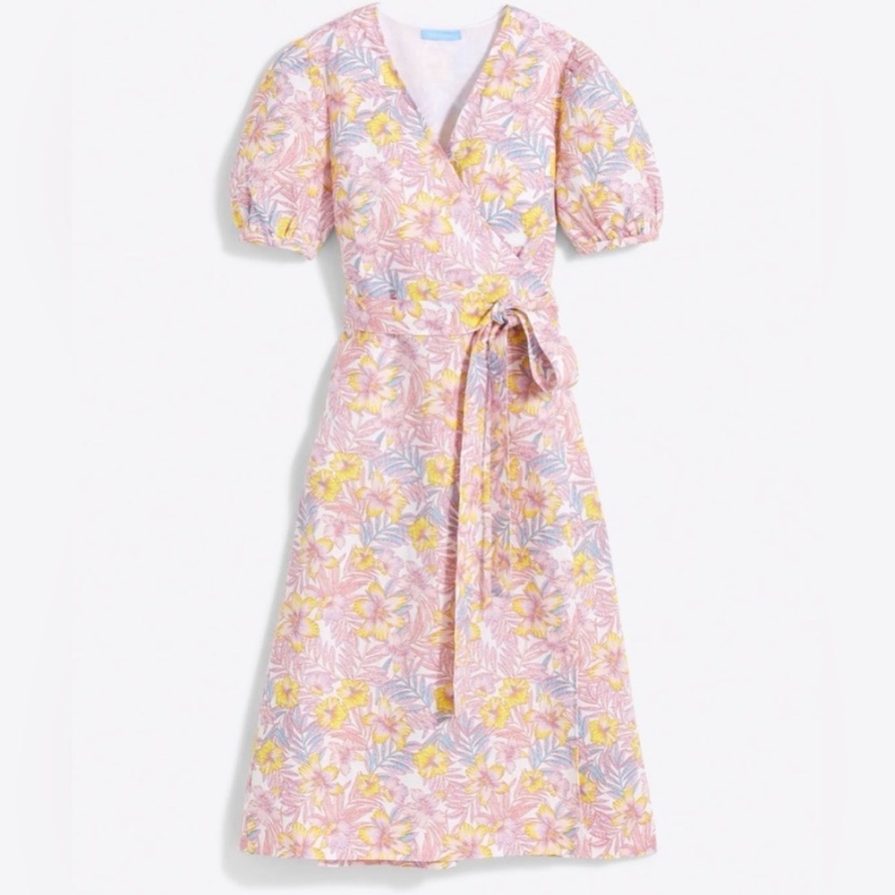 Draper James Rhonda Floral Linen Wrap Dress with Puff Sleeves Size‎ 14